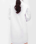 Back view of White Long Sleeve Lab Coat For Healthcare Pros And Students Breathable Polyester Cotton Workwear with Elastic Cuffs
