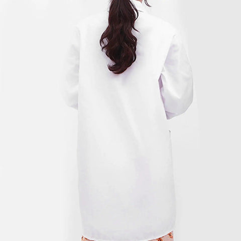 Back view of White Long Sleeve Lab Coat For Healthcare Pros And Students Breathable Polyester Cotton Workwear with Elastic Cuffs