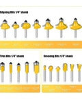 Pro Quality 35 Piece Tungsten Carbide Router Bit Set Featuring One Quarter Inch Shank For Heavy Duty Woodworking with various edge and groove bits.