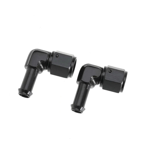 Female AN6 To Three Eighths Inch Hose Fittings With 90 Degree Swivel And Side Port Swivel Seal For Oil Fuel Water Gas And Air Lines Rugged Aluminum Black 2 Pack, angled view