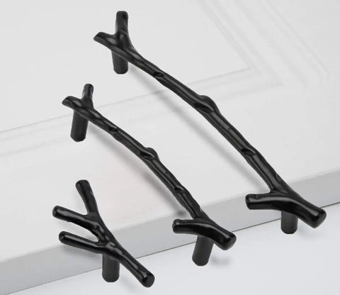 Snag This Solid 10 Pack Black Twig Drawer Pulls For An Instant Cabinet Makeover Heavy Duty Zinc Alloy Handles Feature Precise 96Mm Hole Spacing For Quick Installation And A Total Room Vibe Upgrade You Will Love, showcasing three twig-style black drawer pulls.