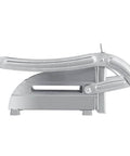 Side view of a stainless steel potato cutter and vegetable slicer with ergonomic lever handle