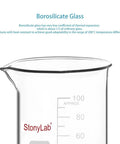 Close-up of 100 ml Graduated Borosilicate Glass Beaker Set in Five Sizes for lab or home chemistry gear, clear graduations shown.