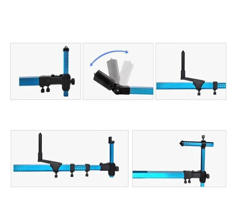 Close-up of 2D Measuring Gauge For Sheet Metal Repair And Vehicle Frame Straightening with blue ruler and black attachments.