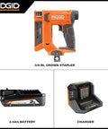 18V Cordless Crown Stapler With Three Eighth Inch Heavy Duty Fasteners And Two Point Oh Amp Hour Battery Charger Kit featuring stapler, battery, and charger.