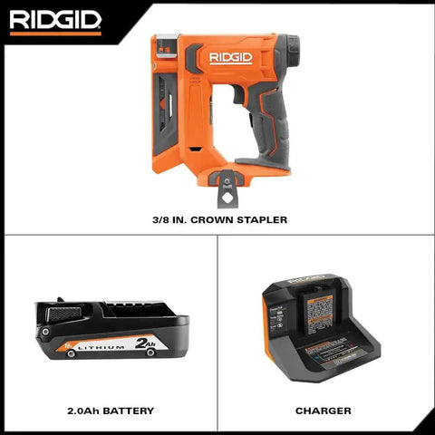 18V Cordless Crown Stapler With Three Eighth Inch Heavy Duty Fasteners And Two Point Oh Amp Hour Battery Charger Kit featuring stapler, battery, and charger.