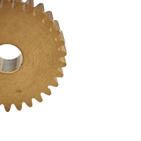 Close-up of Beefy 0.5 Module Copper Spur Gear, 82 Teeth, 42mm Diameter, 12.7mm Bore showing copper material and straight teeth detail