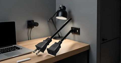 Short And Handy USA Outlet Saver Power Extension Cord 125V 10A 2 Prong 2 Outlets NEMA 5 15P To NEMA 5 15R on desk setup