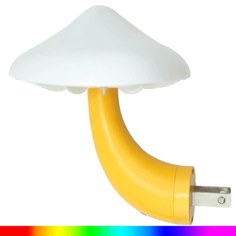 Mushroom Sensor Night Light With Auto Dusk To Dawn Glow Plug In 7 Color Changing LED Lamp side view, yellow stem, plug visible