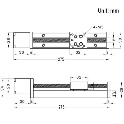 Compact Linear Rail Guide Actuator With 200mm Stroke T6x1 Lead Screw And NEMA11 Stepper Motor For DIY CNC Router Precise Positioning Lab And Inspection Equipment Easy Setup And Reliable Motion For Makers. dimension drawing, 275mm overall