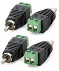 Plug To Speaker Wire Adapter With Screw Terminal Connector 4 Pack Solderless Connectors For 20 24 AWG Wire No Solder Needed For Quick Speaker Installations CCTV Microphones Or Cameras. RCA plug with green 2-pin screw terminal adapter, 4-pack