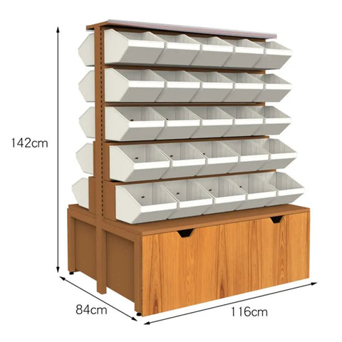Killer Grade Double Sided Storage Shelves With 5 Tier Iron Clad Metal Shelving Unit For Garage Pantry And Supermarket showing storage bins and wood cabinet.