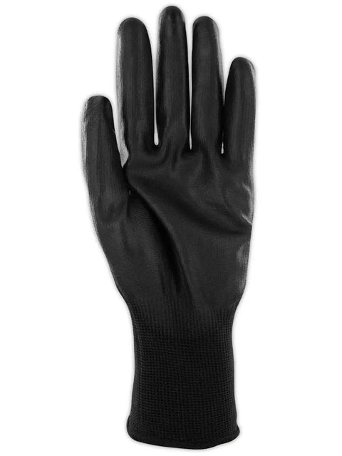 ANSI A3 18-Gauge Polyurethane Coated Work Gloves With Lightweight Coreless Design For Max Dexterity And Grip In Dry Or Wet Conditions, 12 Pairs, Size 9 Large, DXG22B, black glove palm view.