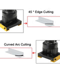 Top Notch 1400W Portable Electric Hydraulic Angle Cutter Fast Cuts Steel Angle Iron And Aluminum Plates With Precision Beveling Up To 45 Degrees showing 45° edge and curved arc cutting features.