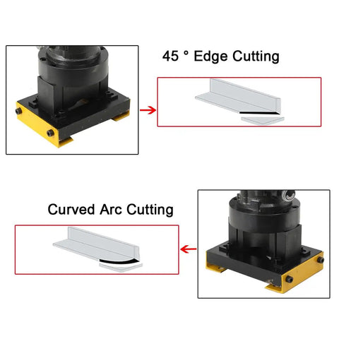 Top Notch 1400W Portable Electric Hydraulic Angle Cutter Fast Cuts Steel Angle Iron And Aluminum Plates With Precision Beveling Up To 45 Degrees showing 45° edge and curved arc cutting features.