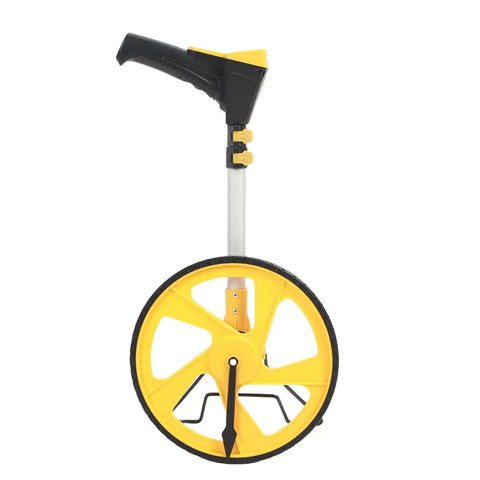 Digital Measuring Wheel With Bright Display Flips Effortlessly Between Feet And Meters For Heavy Duty Landscaping Surveying And DIY Projects That Demand Dead Nuts Precision Without Any Hassle, side view showcasing yellow wheel and adjustable handle.