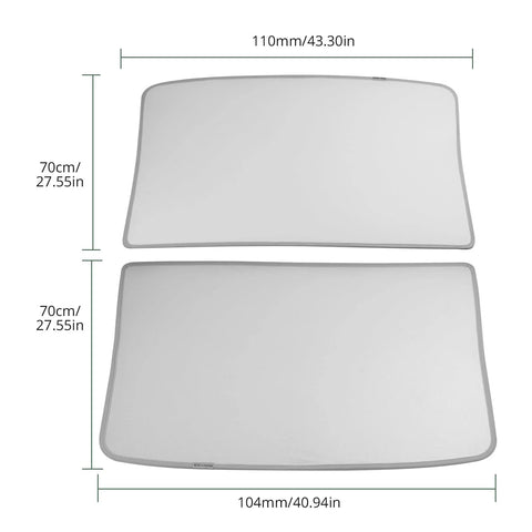 Two silver sunshade roof panels for Tesla Model Y (2020–2025), heat and UV protection, laid flat