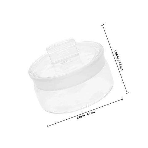 Clear container with measurements, 2.40 in diameter and 1.69 in height, features removable lid for storage.