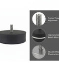 No Sweat Adjustable Leveling Feet With Grippy Rubber Base For Laundry Machines Workshop Benches And Heavy Shelving On Uneven Concrete Surfaces Straight Up Solid showing a black rubber leveling pad with metal threaded core.