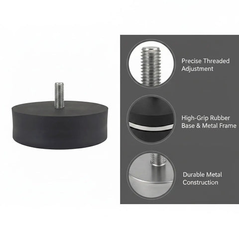 No Sweat Adjustable Leveling Feet With Grippy Rubber Base For Laundry Machines Workshop Benches And Heavy Shelving On Uneven Concrete Surfaces Straight Up Solid showing a black rubber leveling pad with metal threaded core.