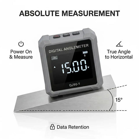 Straight Shooting Digital Angle Finder And Level With A Super Grippy Magnetic Base And Punchy Backlit Display For Woodworking Construction And Quick Home Repair Jobs measuring a 15-degree angle on a metal surface.