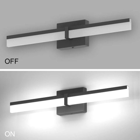 Top and bottom view of Black 24 Inch LED Vanity Light Fixture Over Mirror Sleek Modern Bath Bar With White 6000K Daylight Glow Easy Install