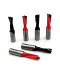 Six silver metal center drill bits, 3–15 mm range, 57 mm length for wood drilling