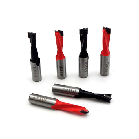 Six silver metal center drill bits, 3–15 mm range, 57 mm length for wood drilling