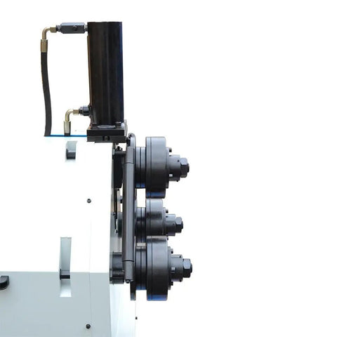 Close-up of Hardcore Hydraulic Roll Bender components with hydraulic cylinder and pipe rollers for precision metal fabrication.