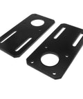 Two black metal motor mounting brackets for NEMA 17 stepper motors; features slotted mounting holes and a large center hole.
