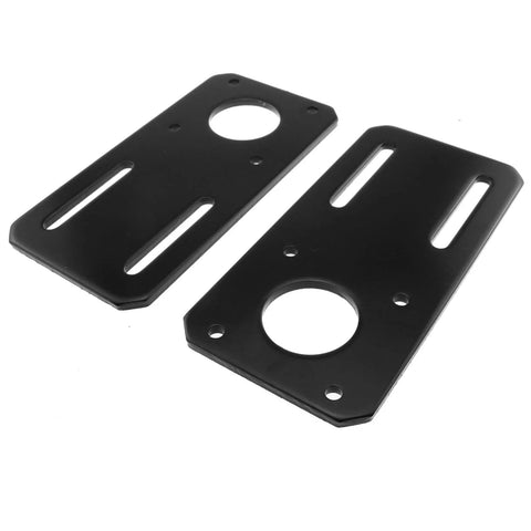 Two black metal motor mounting brackets for NEMA 17 stepper motors; features slotted mounting holes and a large center hole.