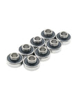 8 Piece Set 608RS ABEC-11 Shielded Bearings For Skateboard And Scooter, 2RS Waterproof Rustproof Coated Miniature Roller Bearings Kit For Street-Ready, Ultra Smooth Rides And Heavy Load Performance. Eight 608RS bearings on white background.