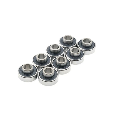 8 Piece Set 608RS ABEC-11 Shielded Bearings For Skateboard And Scooter, 2RS Waterproof Rustproof Coated Miniature Roller Bearings Kit For Street-Ready, Ultra Smooth Rides And Heavy Load Performance. Eight 608RS bearings on white background.