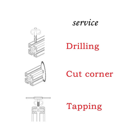 Diagram of Two Pack 1520 Aluminum CNC Profile Linear Rail Extrusion Frame showing drilling, corner cutting, and tapping services.