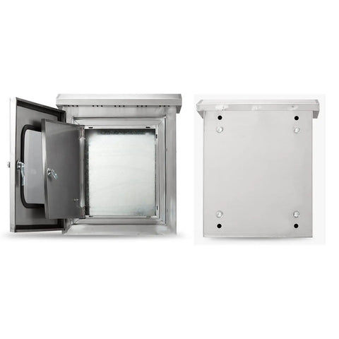 Front and top view of Stainless Steel Outdoor Weatherproof Electrical Junction Box with Mounting Panel and Hinged Cover open.