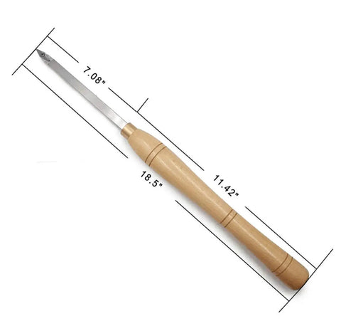 Pro Grade Carbide Tipped Wood Turning Tools Set showing dimensions of solid wood handle and carbide tipped tool for lathe turning