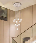 10 Light Stair Crystal Chandelier With Raindrop Globe Glass Ceiling Lighting In Nickel Finish for modern staircase