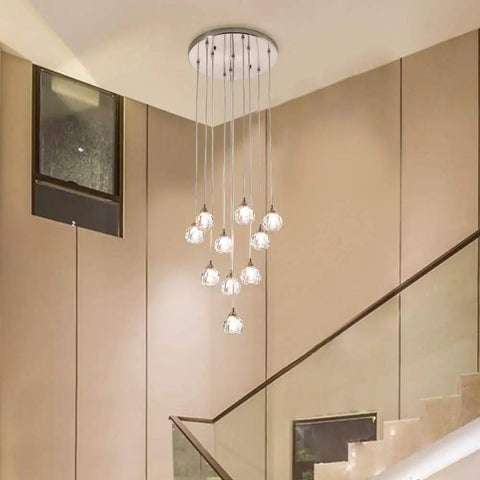 10 Light Stair Crystal Chandelier With Raindrop Globe Glass Ceiling Lighting In Nickel Finish for modern staircase