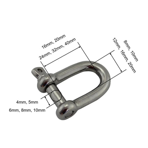 Badass Heavy Duty 304 Stainless Steel Screw Pin D Shackles for Real Deal Rigging and Lifting Needs with size measurements.