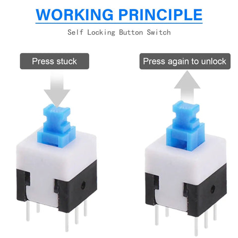 Diagram showing working principle of Self Locking Mini Button DPDT Switch Kit With Caps 80Pcs Micro Push Buttons for DIY Projects
