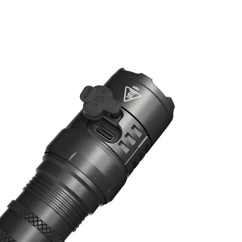 Close-up of Beast Mode Long Range Flashlight With 3000 Lumens, 470 Meter Throw, Luminus SFT70 LED, focusing on charging port