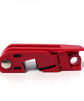 Side view of a red 12 Pack Circuit Breaker Lockout Tagout Kit For Standard Single And Double Toggle Breakers OSHA Compliant Loto Device.