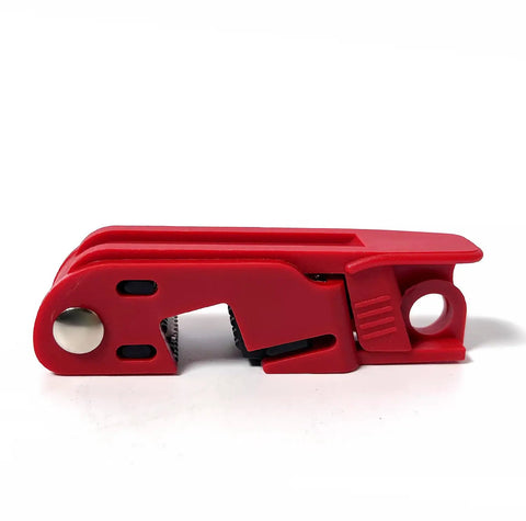 Side view of a red 12 Pack Circuit Breaker Lockout Tagout Kit For Standard Single And Double Toggle Breakers OSHA Compliant Loto Device.