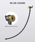 Universal Tire Inflator Extension Hose And Dual Valve Adapter For Schrader And Presta Valves Built Different close-up of durable rubber hose with gold connector.
