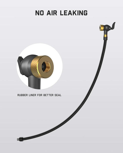 Universal Tire Inflator Extension Hose And Dual Valve Adapter For Schrader And Presta Valves Built Different close-up of durable rubber hose with gold connector.