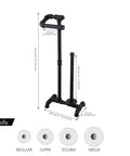 Image of Rustic Farmhouse Toilet Paper Holder Stand With Reserve, Industrial Pipe Style Black Bathroom Storage, dimensions shown.