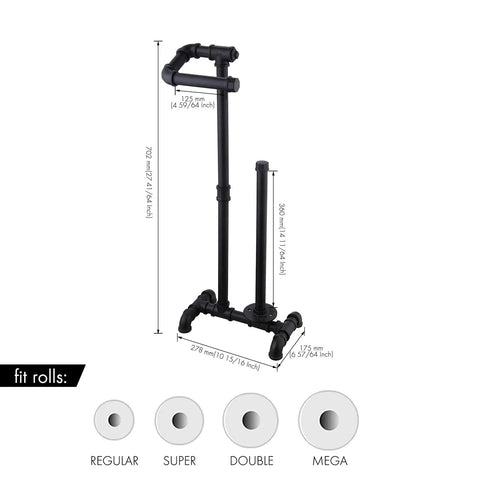 Image of Rustic Farmhouse Toilet Paper Holder Stand With Reserve, Industrial Pipe Style Black Bathroom Storage, dimensions shown.