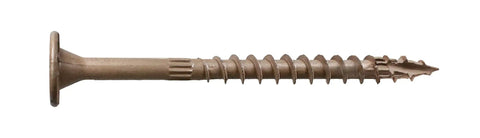 Hardcore Exterior Grade Timber Screws Four Inch Heavy Duty Wood Fasteners With Double Barrier Coating And Wide Washer Head Built Like A Tank For Rough Job Sites And Drives Dead Nuts Tight Pack Of Fifty, detailed view of screw with sawtooth tip.