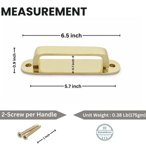 Solid Brass Cabinet Pull With Backplate, 6.5 Inch L-Shaped Handle In Polished Unlacquered Finish, measurement diagram with screws