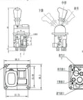 Diagram of Heavy Duty Proportional Control Valves With PTO Switch For Dump Trucks, showcasing valve dimensions and configurations.